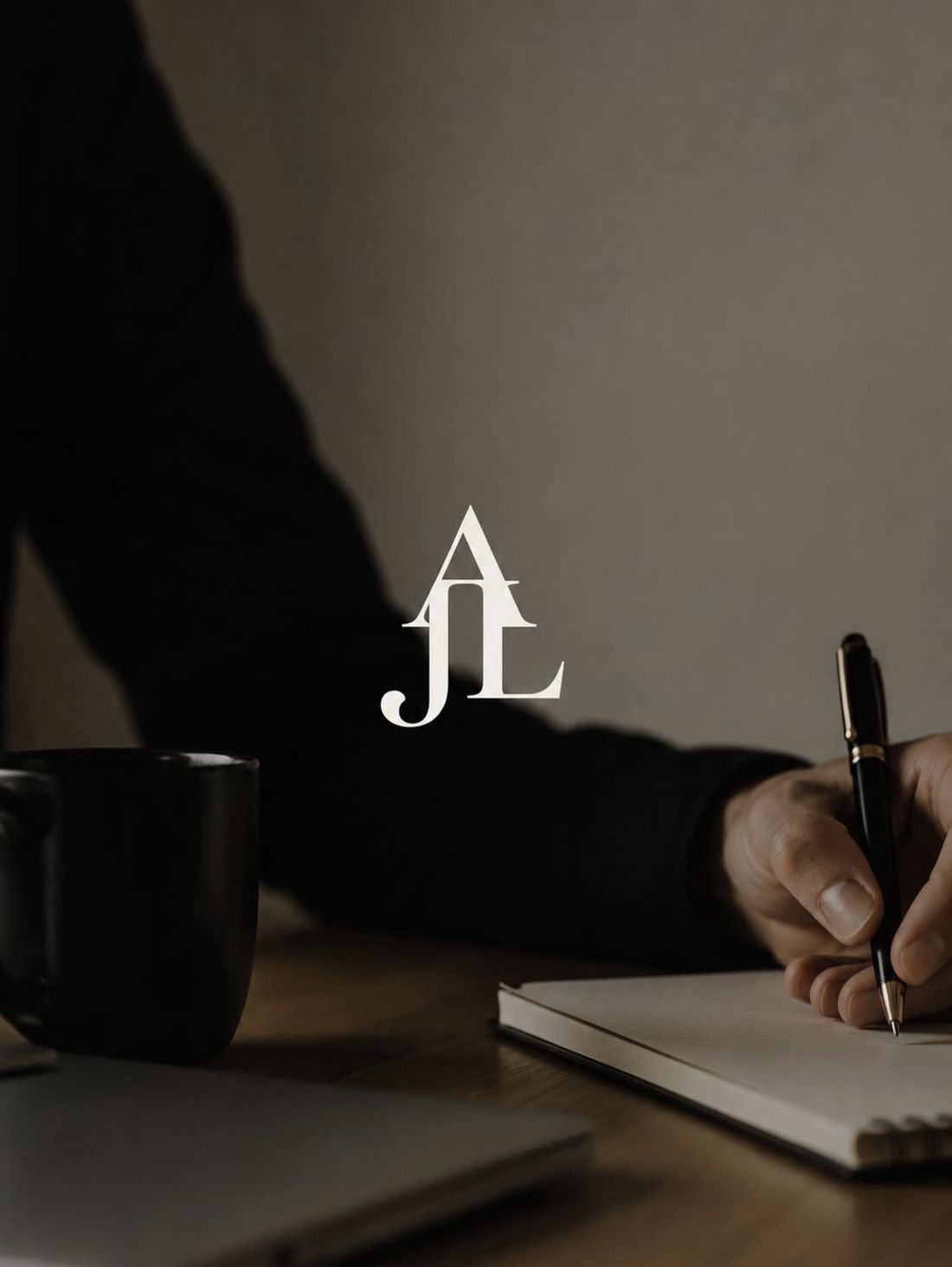 An accountant writing notes at a desk beside a coffee mug, with the AJL monogram